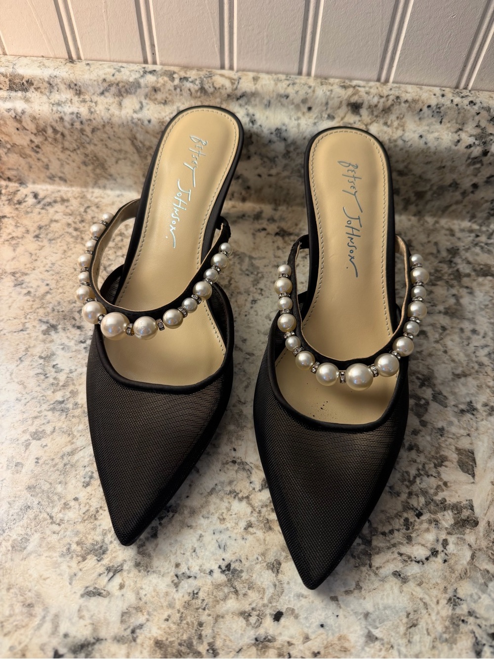 Betsey Johnson Black Pearl Rhinestone Embellished Pointed Kitten Heels Sexy - Picture 2 of 9